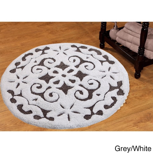 Saffron Fabs Soft Cotton, Non-Skid, Damask Pattern, 200 GSF 36-inch Round Bath Rug - Grey/White