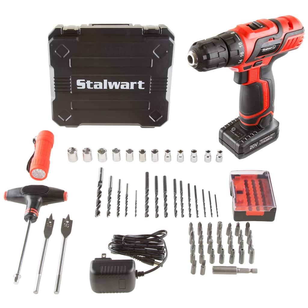 65-Piece Drill Set - Cordless Drill and Accessory Kit with Rechargeable Battery, Flashlight, Drill Bit Set by Stalwart (Red)