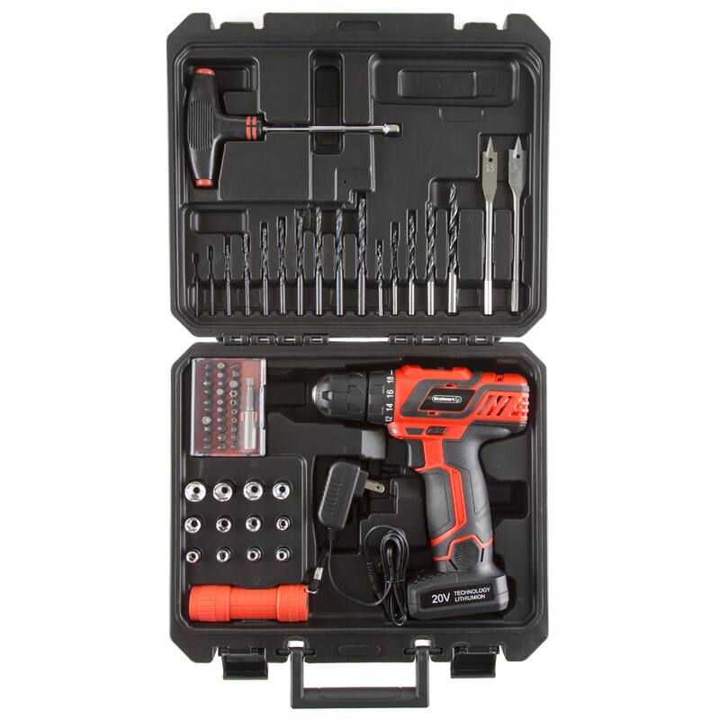 65-Piece Drill Set - Cordless Drill and Accessory Kit with Rechargeable Battery, Flashlight, Drill Bit Set by Stalwart (Red)