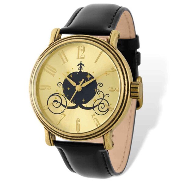 Disney Stainless Steel Women's Antique Gold-tone Coach Design Black Leather Watch by Versil - Yellow