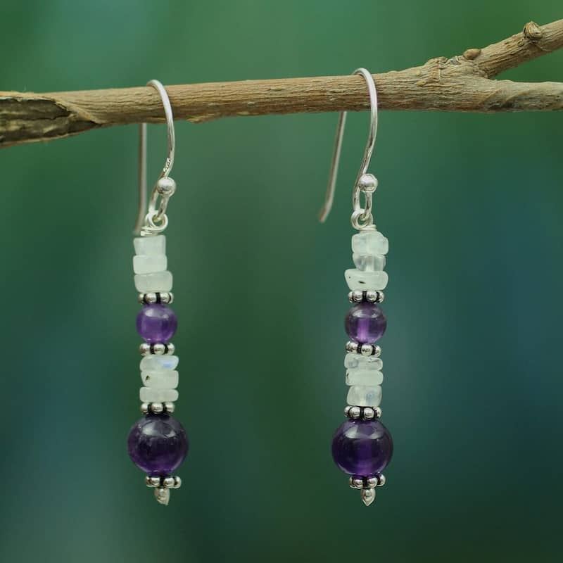 NOVICA Handmade Sterling Silver 'Morning Clouds' Amethyst Rainbow Moonstone Earrings (India) - 1.6*0.2
