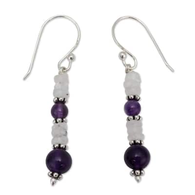 NOVICA Handmade Sterling Silver 'Morning Clouds' Amethyst Rainbow Moonstone Earrings (India) - 1.6*0.2