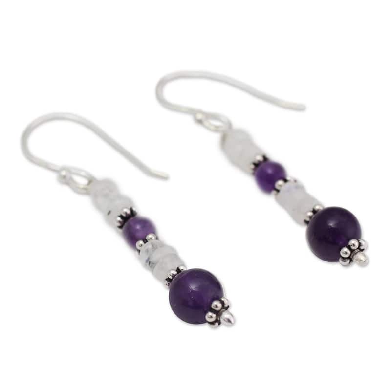 NOVICA Handmade Sterling Silver 'Morning Clouds' Amethyst Rainbow Moonstone Earrings (India) - 1.6*0.2