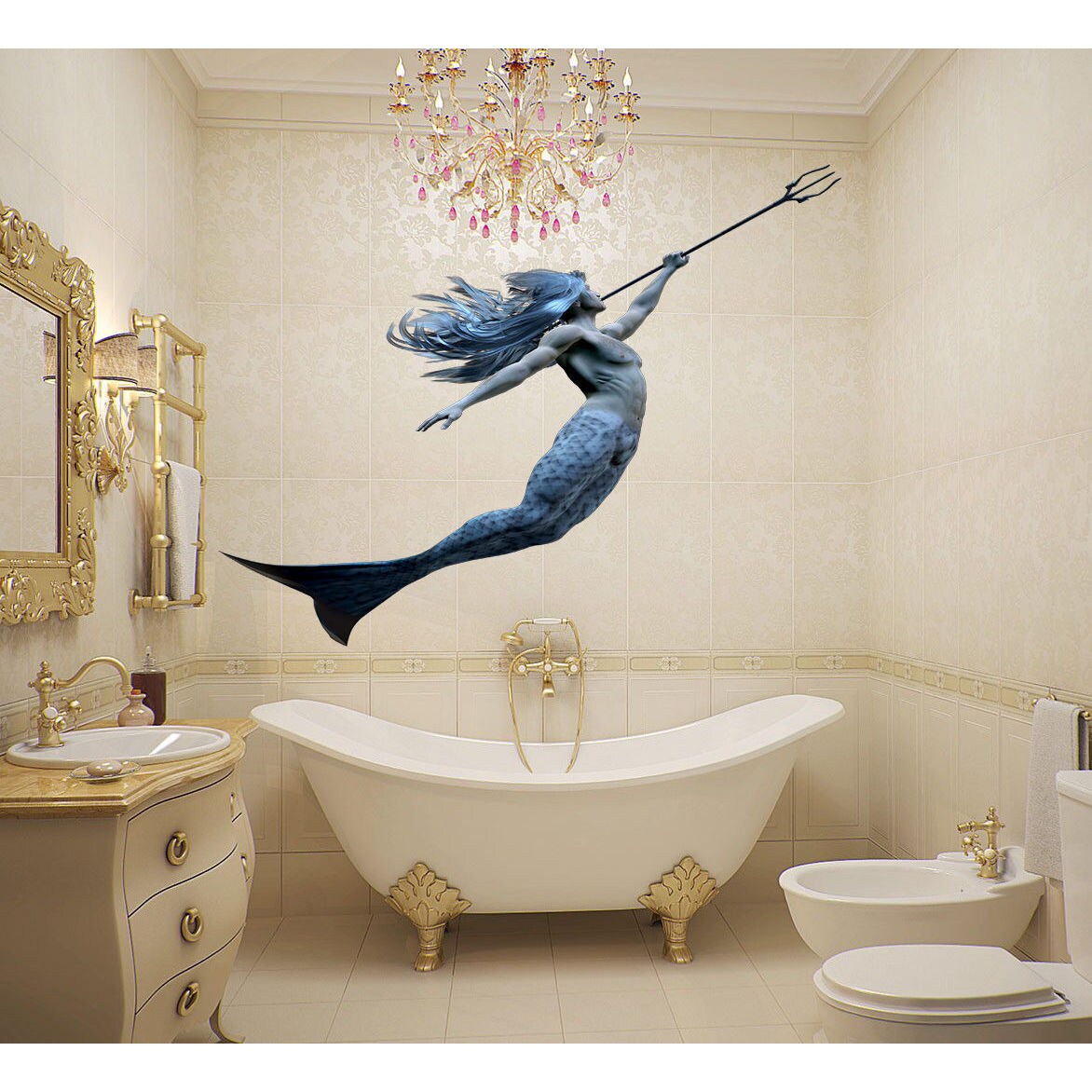 Full Color Decal Neptune Mermaid Sticker Neptune Colored Wall Art Decal Sticker Decal Size 33x45 Overstock 13956362