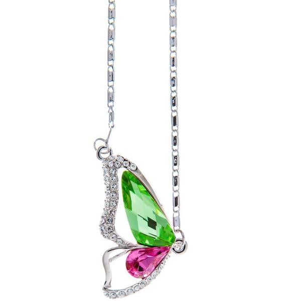Rhodium Plated Necklace with Butterfly Wing Design with a 16" and High Quality Pink and Green Crystals by Matashi