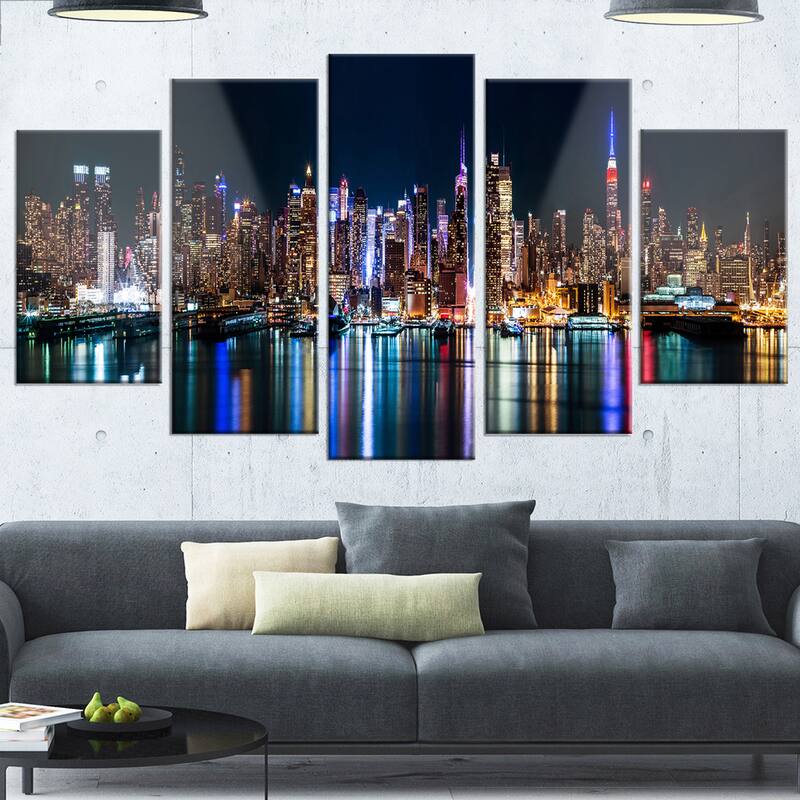 Designart 'New York Midtown Night Panorama' Extra Large Cityscape Glossy Metal Wall Art
