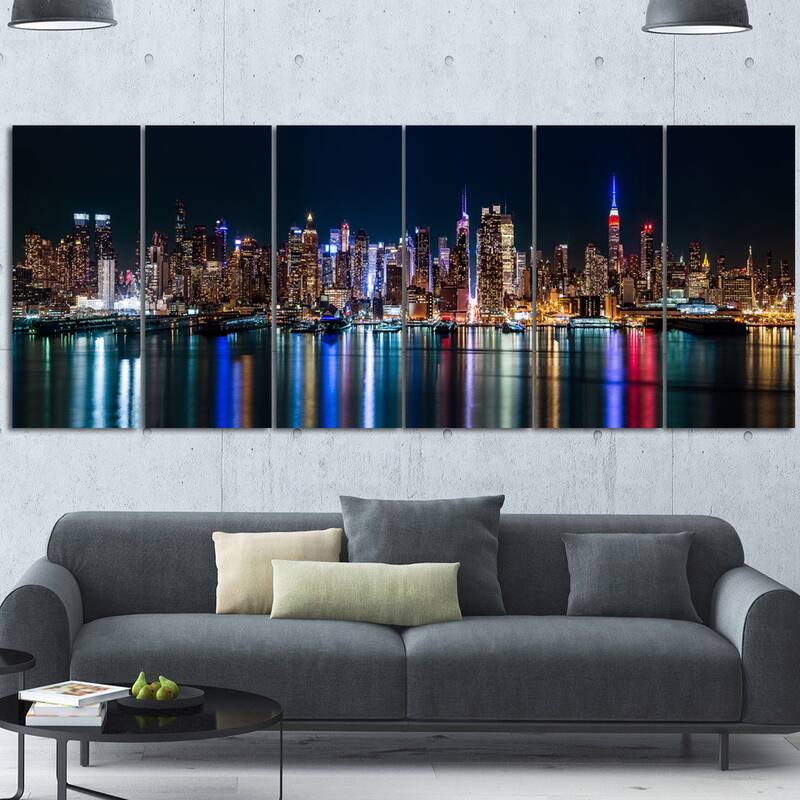 Designart 'New York Midtown Night Panorama' Extra Large Cityscape Glossy Metal Wall Art