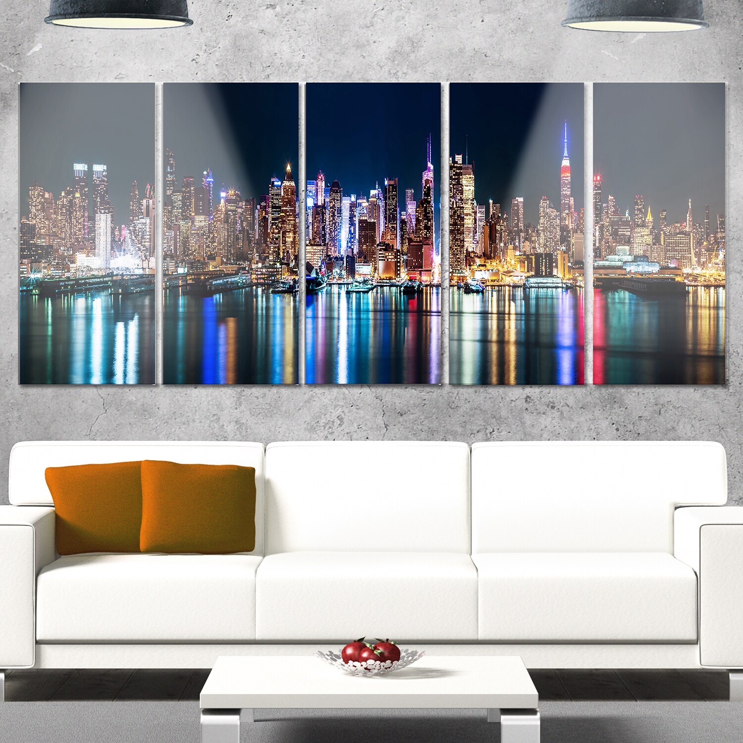 70x28-6 Equal Panels Designart PT14361-70-28-6P Silhouettes of Manhattan Panorama-Extra Large Cityscape Wall Art on Canvas