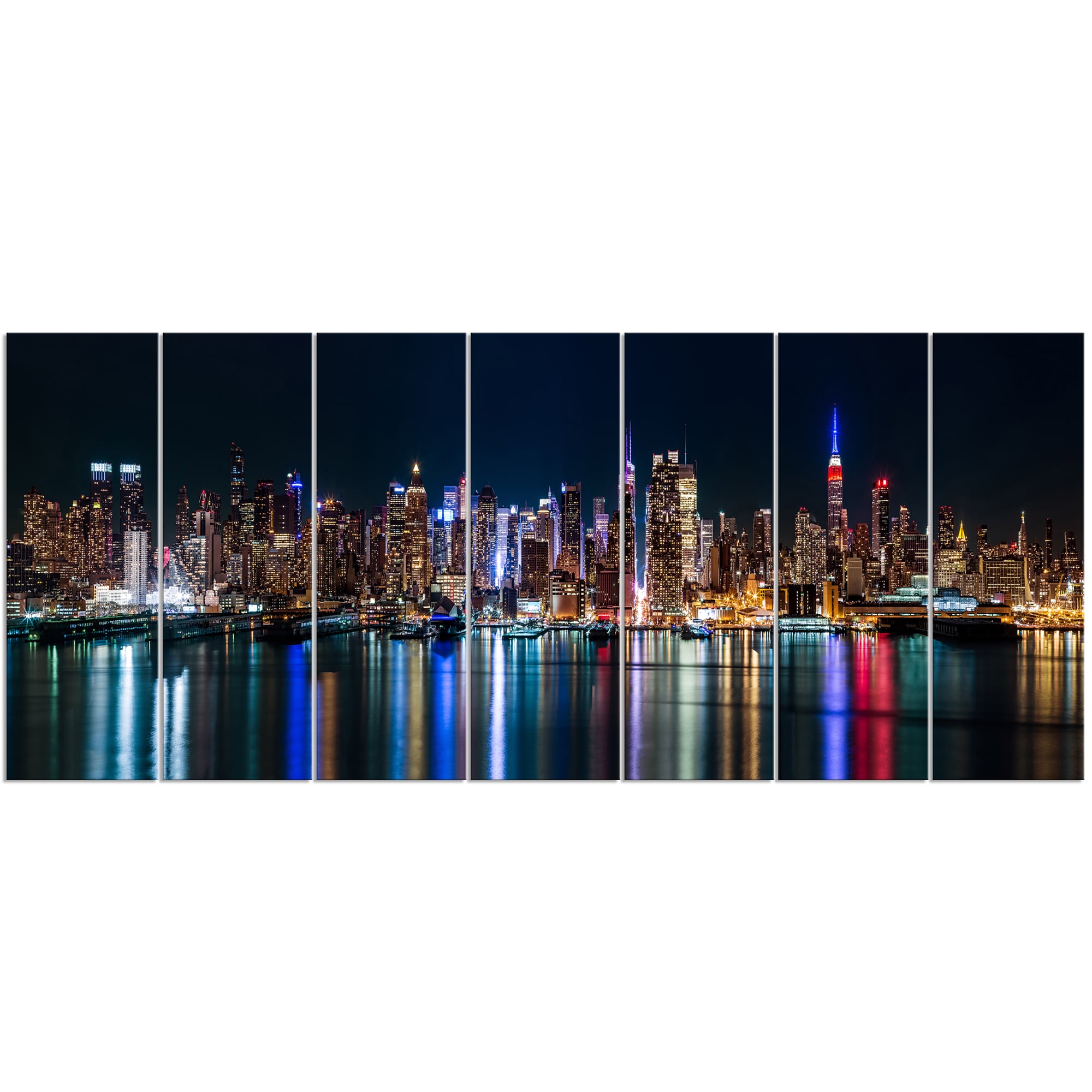 Designart PT14361-70-28-6P Silhouettes of Manhattan Panorama-Extra Large Cityscape Wall Art on Canvas 70x28-6 Equal Panels 