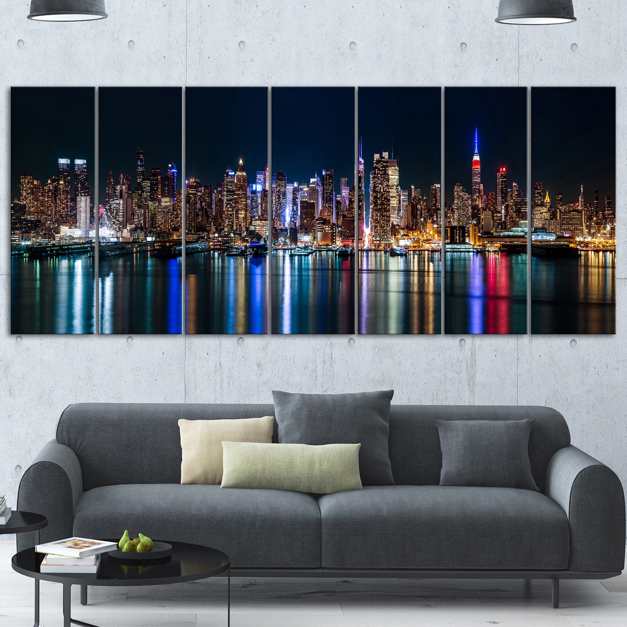 Designart PT14361-70-28-6P Silhouettes of Manhattan Panorama-Extra Large Cityscape Wall Art on Canvas 70x28-6 Equal Panels Designart PT14361-70-28-6P Silhouettes of Manhattan Panorama-Extra Large Cityscape Wall Art on Canvas 70x28-6 Equal Panels