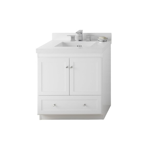 Ronbow Shaker 30-inch Bathroom Vanity Set in White, Quartz Countertop and Backsplash with Ceramic Bathroom Sink in White
