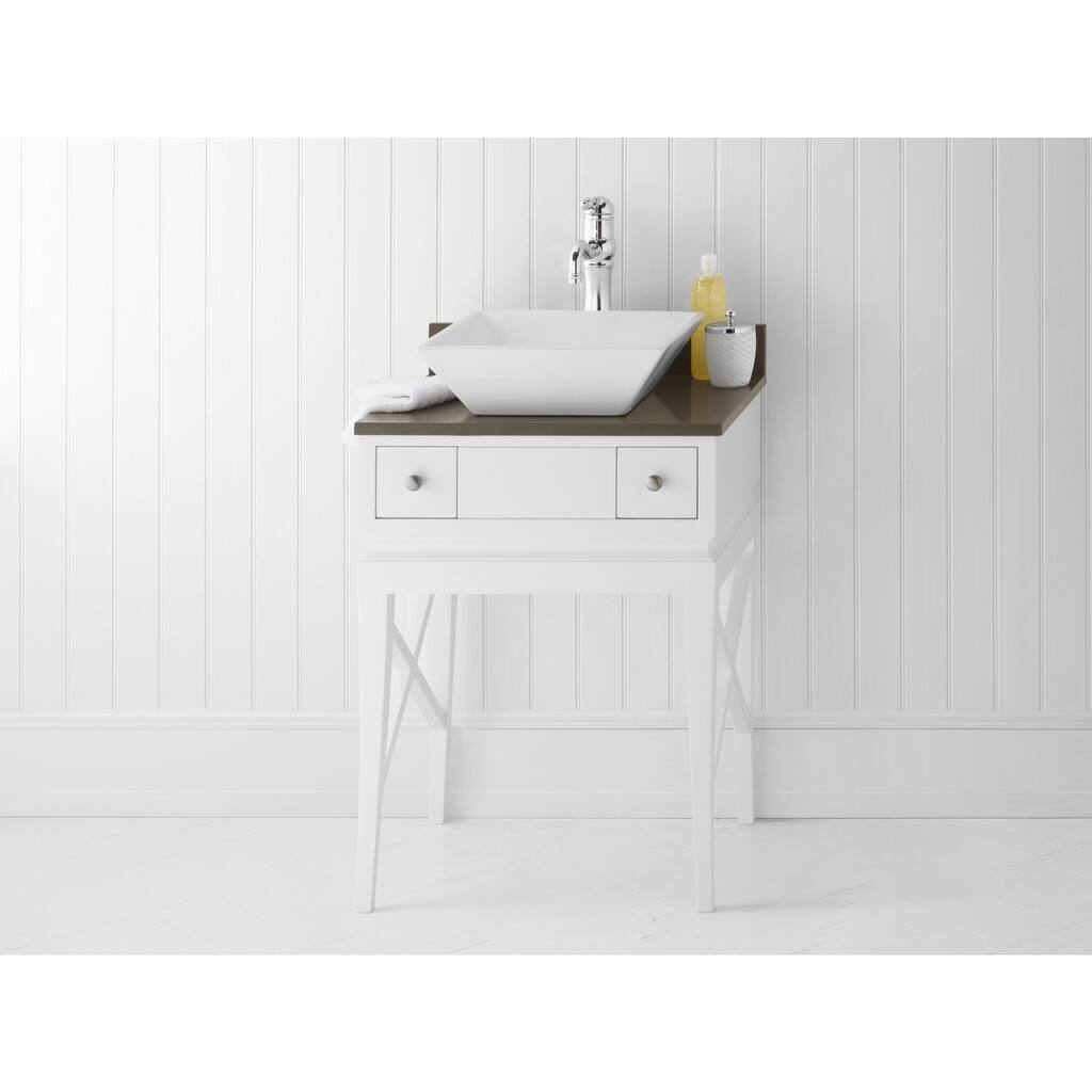 Ronbow Angelica 23-inch Bathroom Vanity Set in White, Quartz Countertop and Backsplash with White Square Ceramic Vessel Sink