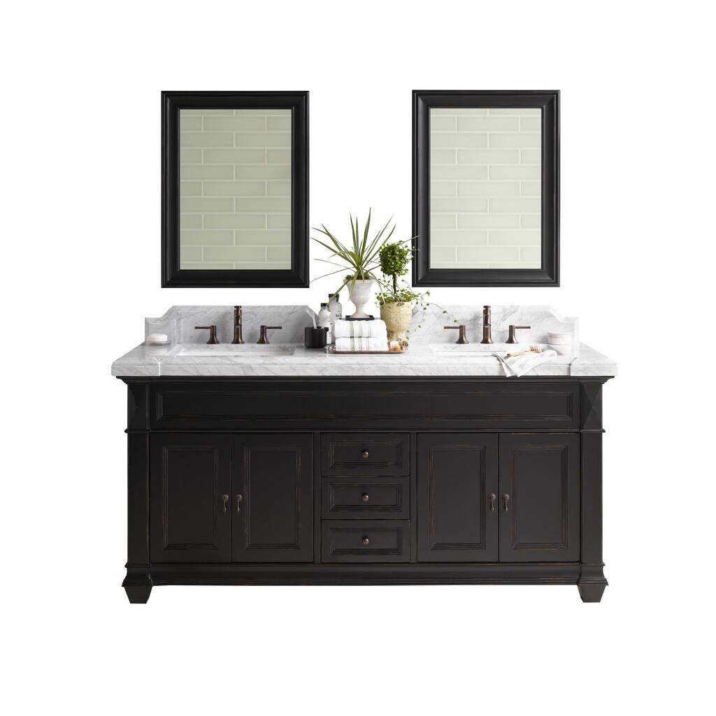 Ronbow Torino 72-inch Bathroom Double Vanity Set in Antique Black with Mirror, Marble Top and Backsplash with White Ceramic Sink