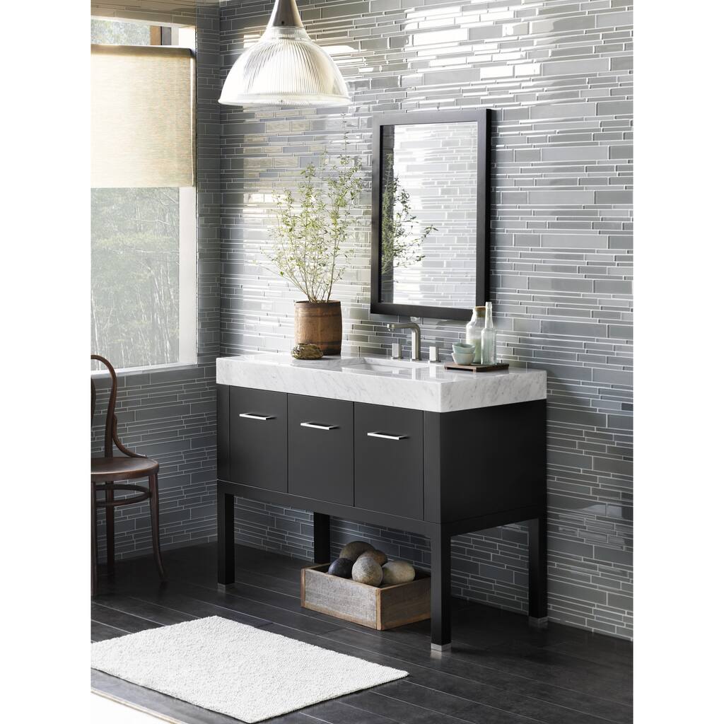Ronbow Calabria 48-inch Bathroom Vanity Set in Black with Mirror, Marble Countertop with Ceramic Bathroom Sink in White