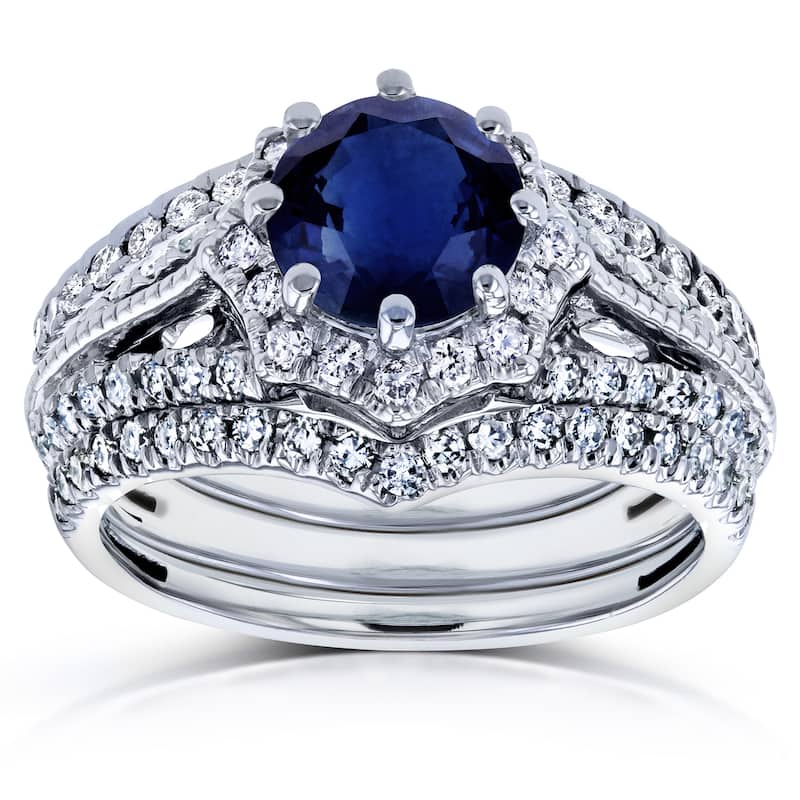 Annello by Kobelli 14k White Gold Blue Sapphire and 5/8ct TDW Diamond Star Halo 3-Ring Bridal Set (H-I, I1-I2)
