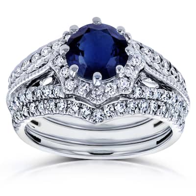 Annello by Kobelli 14k White Gold Blue Sapphire and 5/8ct TDW Diamond Star Halo 3-Ring Bridal Set (H-I, I1-I2)