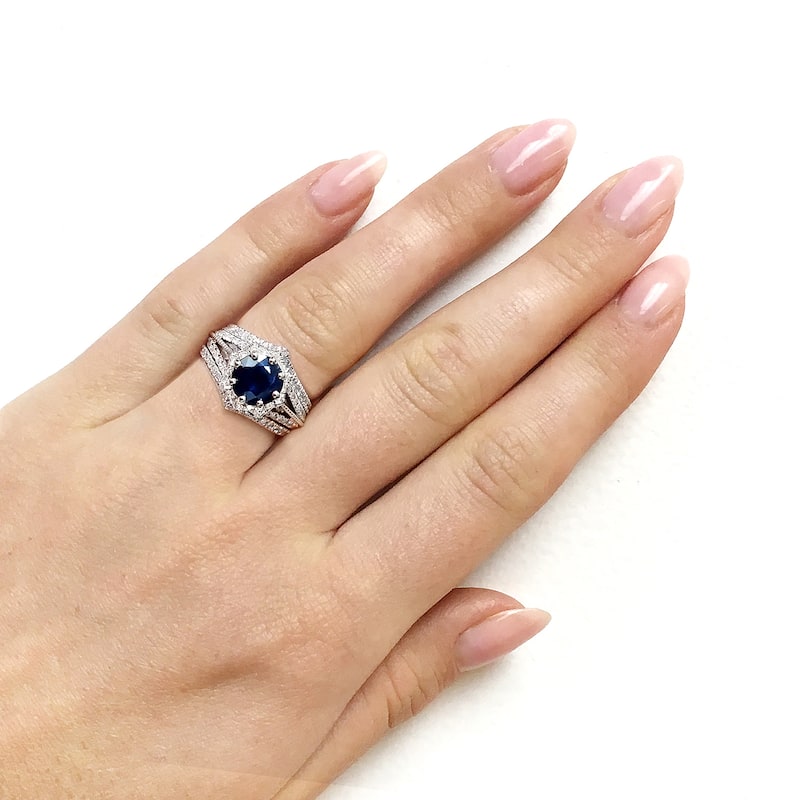 Annello by Kobelli 14k White Gold Blue Sapphire and 5/8ct TDW Diamond Star Halo 3-Ring Bridal Set (H-I, I1-I2)
