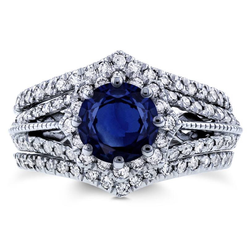 Annello by Kobelli 14k White Gold Blue Sapphire and 5/8ct TDW Diamond Star Halo 3-Ring Bridal Set (H-I, I1-I2)