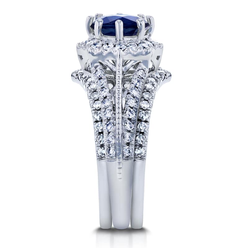 Annello by Kobelli 14k White Gold Blue Sapphire and 5/8ct TDW Diamond Star Halo 3-Ring Bridal Set (H-I, I1-I2)