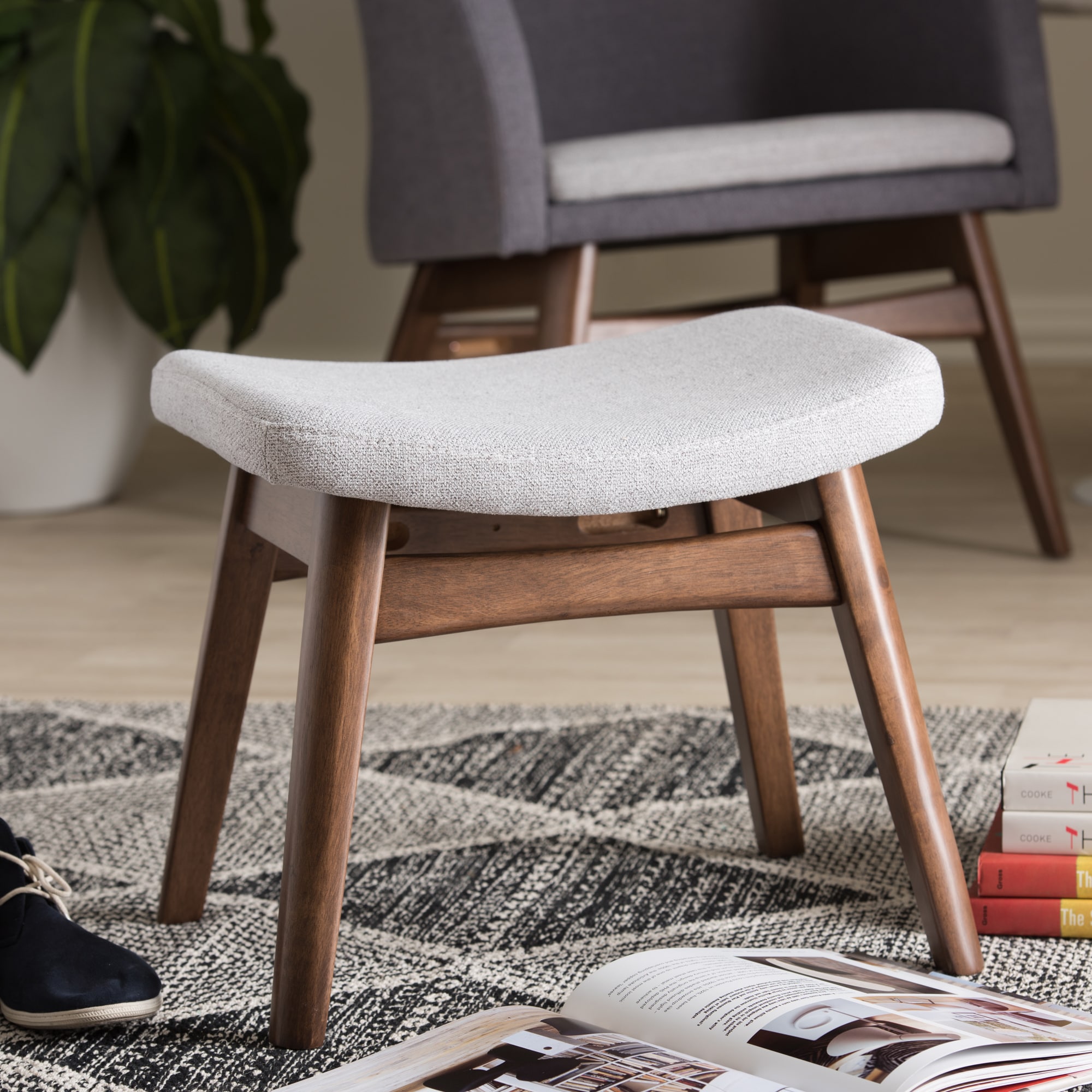 Baxton Studio Mid Century Light Grey Fabric Upholstered Footstool