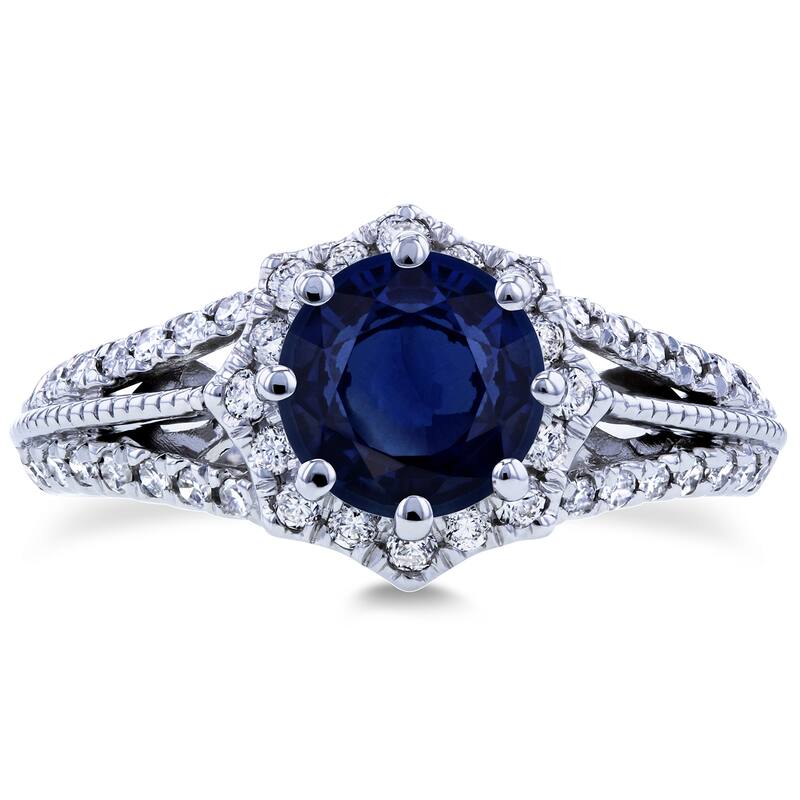 Annello by Kobelli 14k White Gold Blue Sapphire and 1/3ct TDW Diamond Star Halo Engagement Ring (H-I, I1-I2)