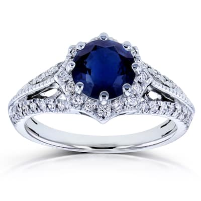 Annello by Kobelli 14k White Gold Blue Sapphire and 1/3ct TDW Diamond Star Halo Engagement Ring (H-I, I1-I2)