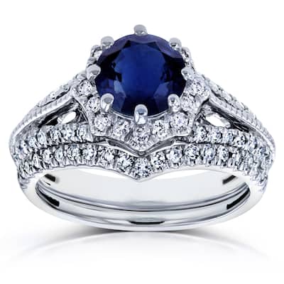 Annello by Kobelli 14k White Gold Blue Sapphire and 1/2ct TDW Diamond Star Halo Bridal Set (H-I, I1-I2)