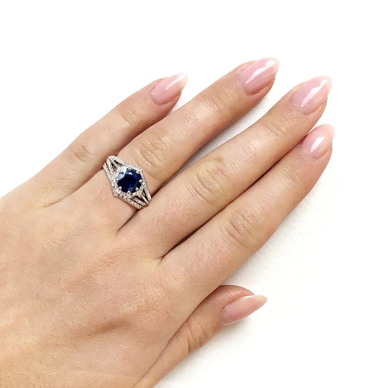Annello by Kobelli 14k White Gold Blue Sapphire and 1/2ct TDW Diamond Star Halo Bridal Set (H-I, I1-I2)