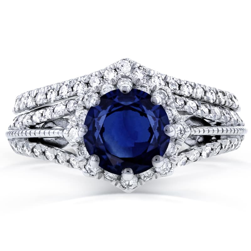 Annello by Kobelli 14k White Gold Blue Sapphire and 1/2ct TDW Diamond Star Halo Bridal Set (H-I, I1-I2)