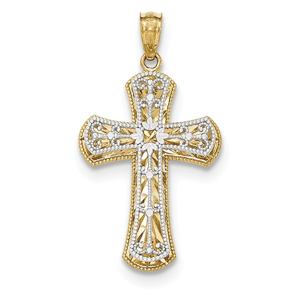 14k Two-tone Y//W Gold Polished 2 Level Budded Cross Pendant