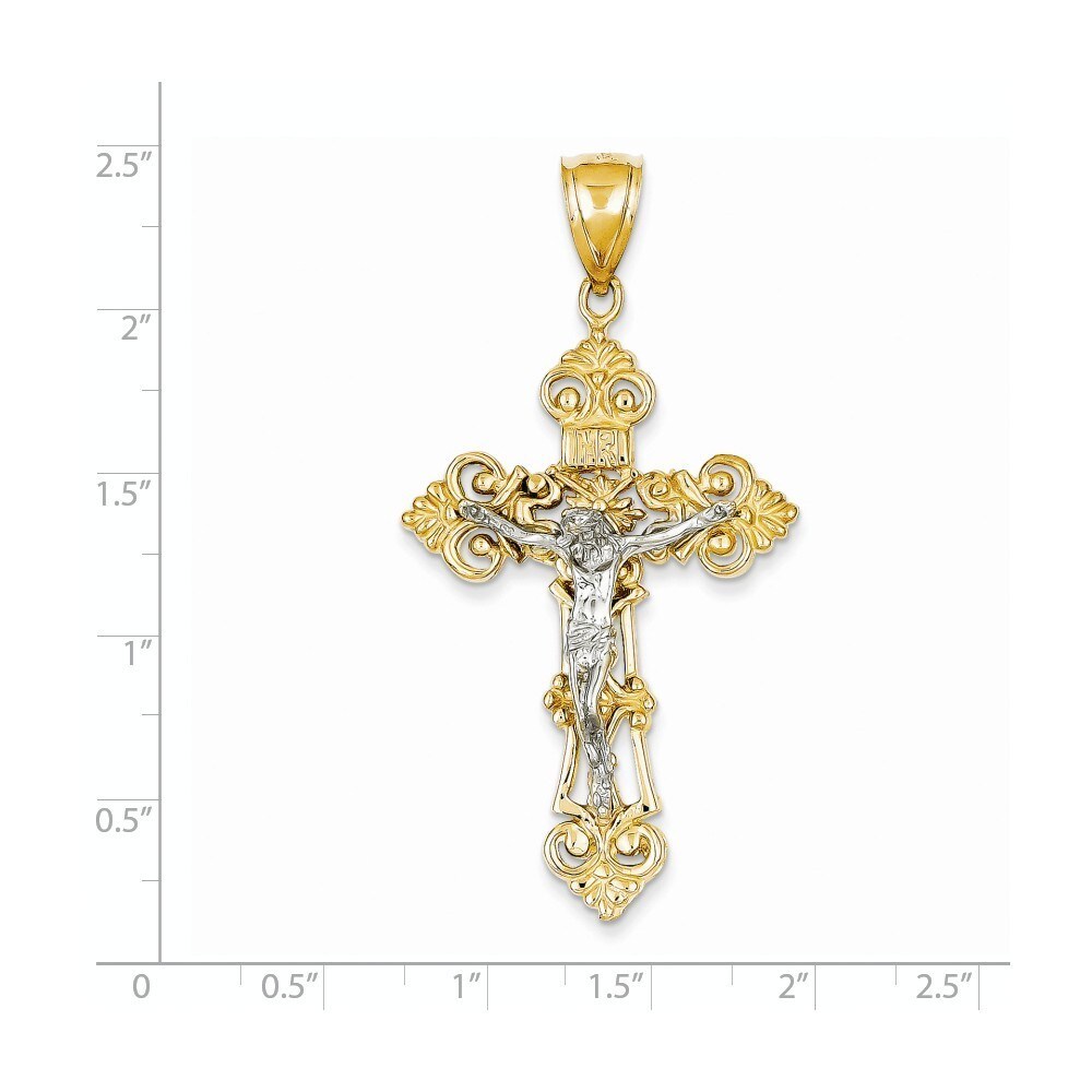 14k Yellow with White Rhodium Two-tone Gold Fleur de Lis Crucifix Pendant