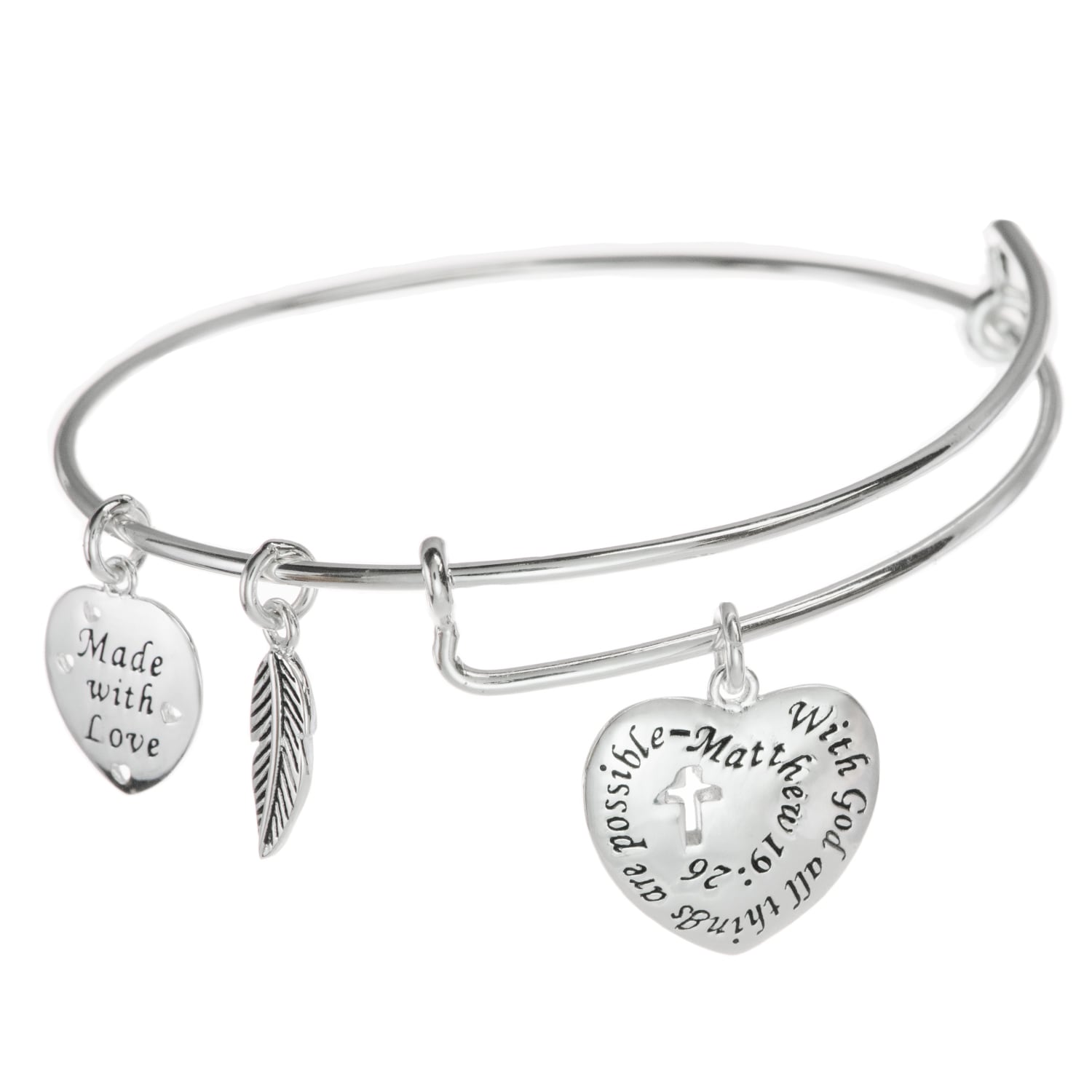 Qina C Sterling Silver Cross And Quote Leaf Dangle Charm Adjule Wire Bangle Bracelet Qina C Sterling Silver Cross And Quote Leaf Dangle Charm Adjule Wire Bangle Bracelet