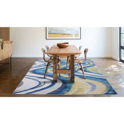 Modern Wavy Like Pattern Power-loomed Various Shades of Blue Yelow and Grey Polypropylene Area Rug - 8' x 11'