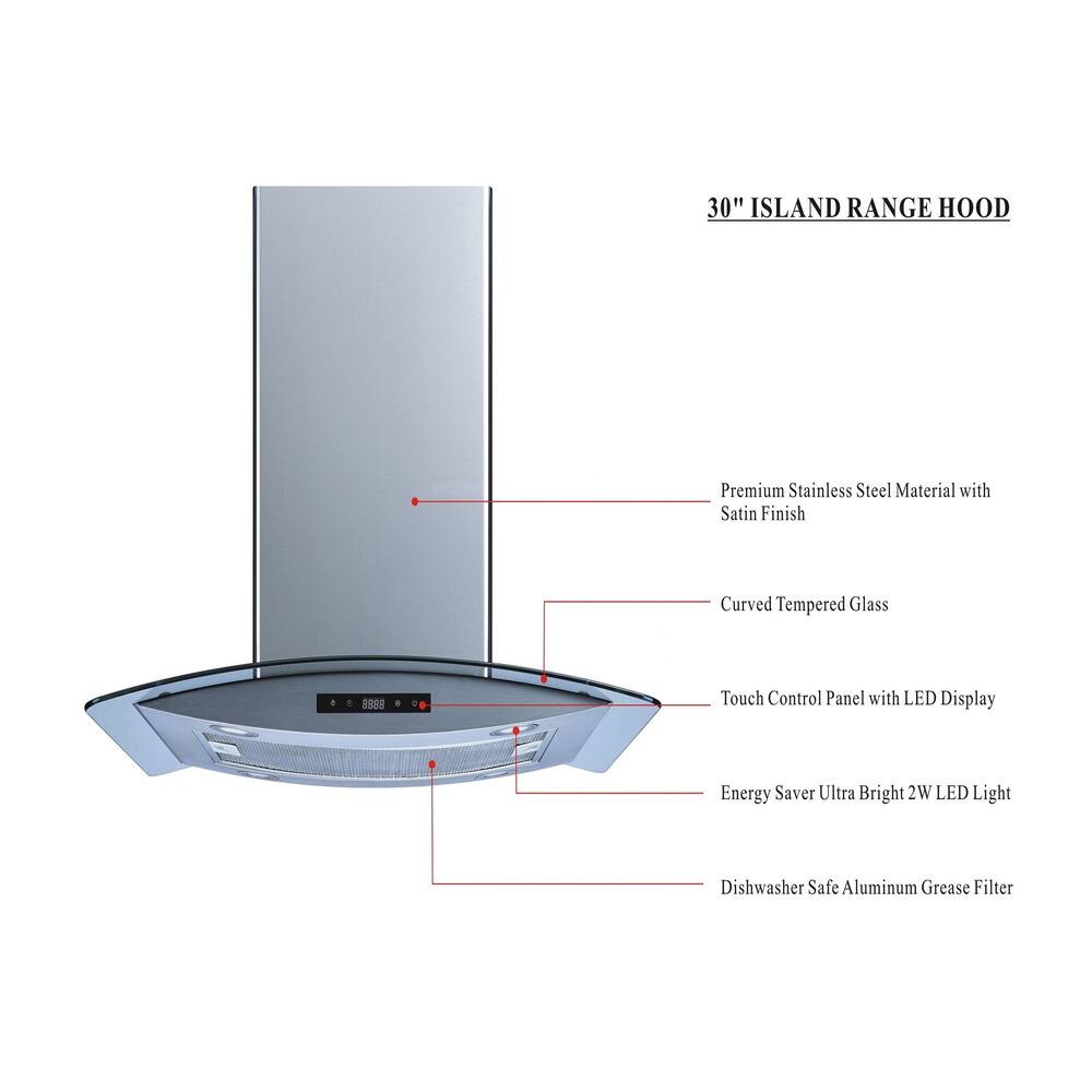 Winflo 30" 475 CFM Stainless Steel/Tempered Glass Convertible Island