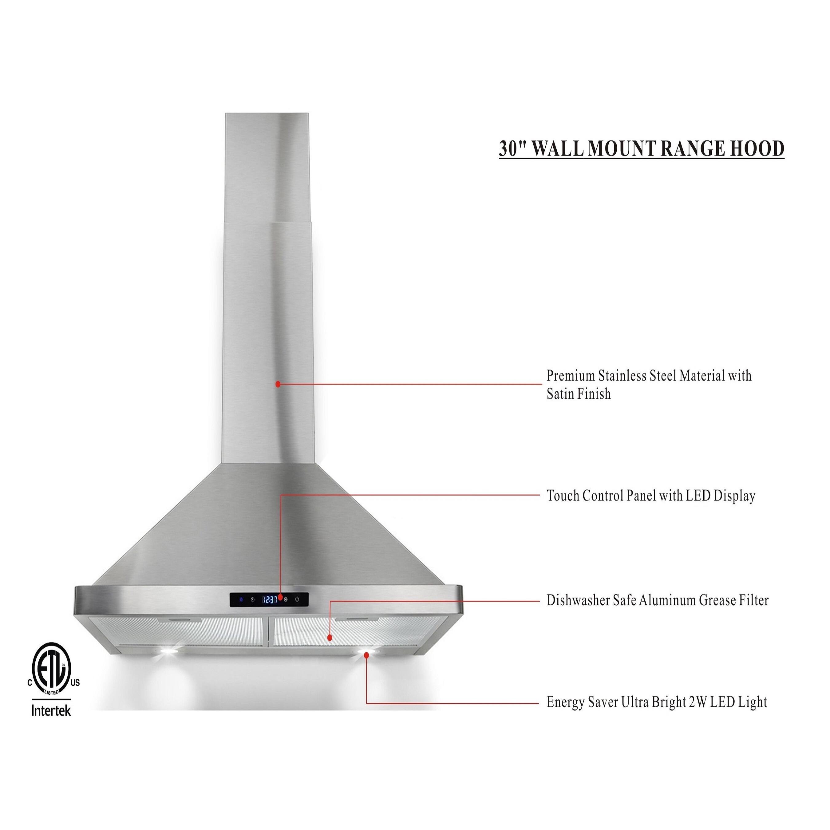 Winflo 30inch 475 CFM Stainless Steel Convertible Wall Mount Range
