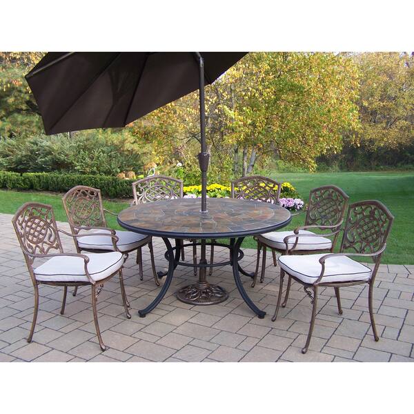 Shop 9 Pc Dining Set With Stone Top Table 6 Chairs Umbrella And Stand On Sale Overstock 13997441