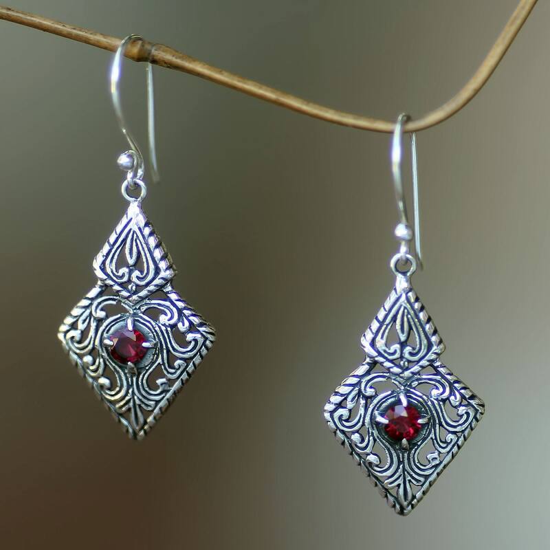 Sterling Silver 'Sacred Forest' Garnet Earrings (Indonesia)