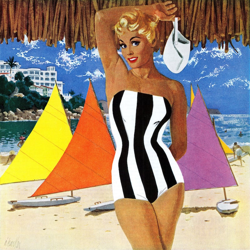Marmont Hill - 'Striped Swimsuit' Painting Print on Wrapped Canvas - Multi-Color