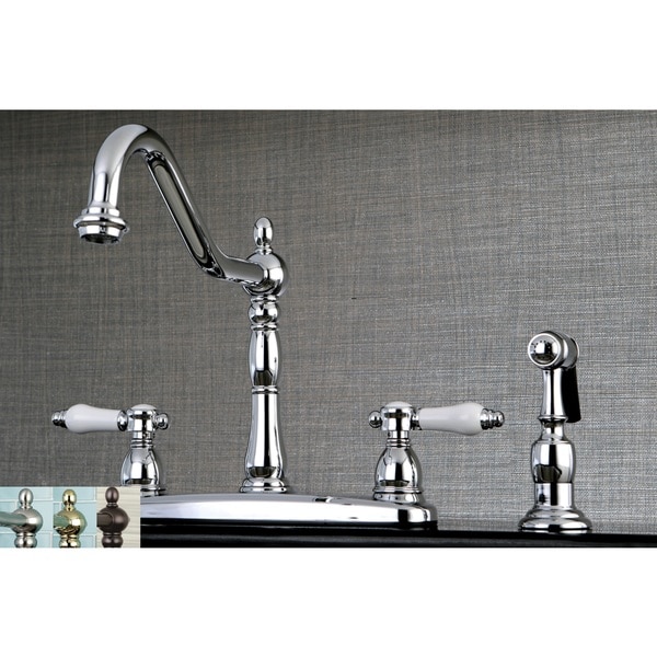 Vintage Porcelain 8-inch Centerset Kitchen Faucet with Side Sprayer. Opens flyout.