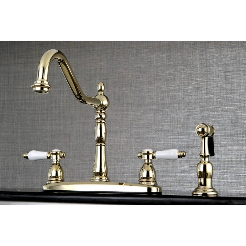 Kingston Brass Vintage Porcelain 8-inch Centerset Kitchen Faucet with Side Sprayer - Polished brass