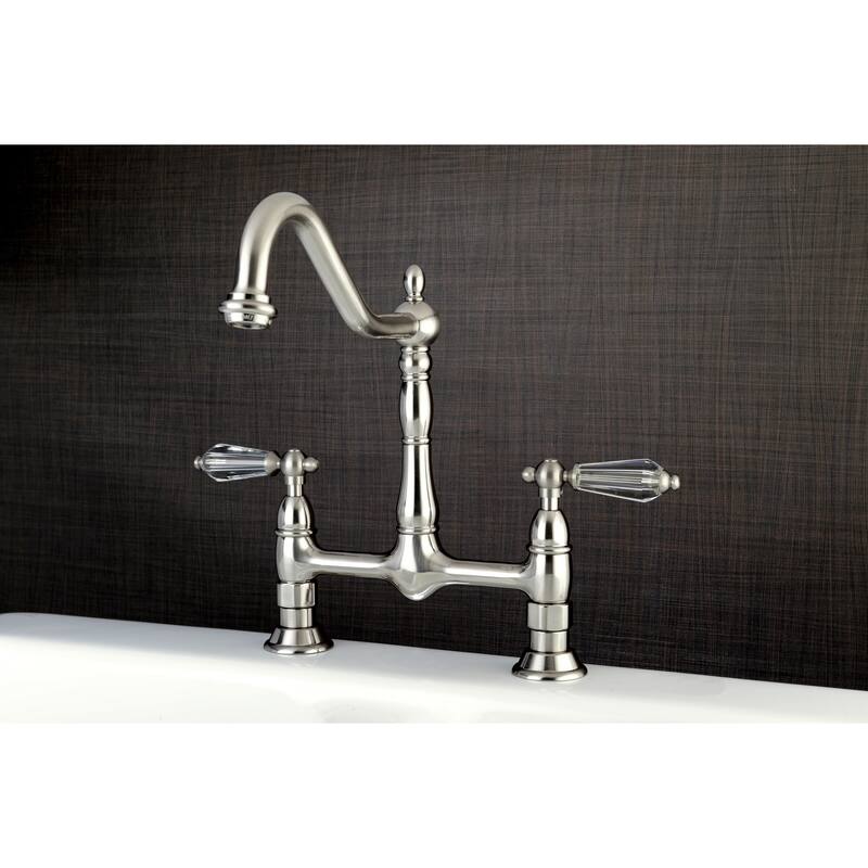 Kingston Brass Victorian High Spout Bridge Crystal-Handles Kitchen Faucet - satin nickel