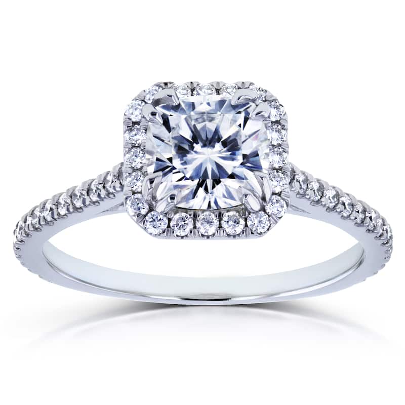 Annello by Kobelli 14k White Gold Forever One Cushion Moissanite and 1/3ct TDW Diamond Halo Engagement Ring (GH, I1-I2)
