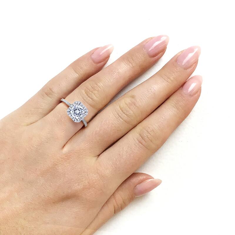 Annello by Kobelli 14k White Gold Forever One Cushion Moissanite and 1/3ct TDW Diamond Halo Engagement Ring (GH, I1-I2)