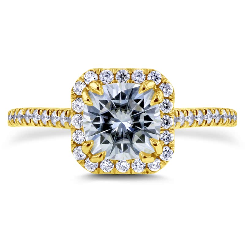 Annello by Kobelli 14k Yellow Gold 1 2/5ct TGW Cushion Moissanite and Diamond Halo Engagement Ring