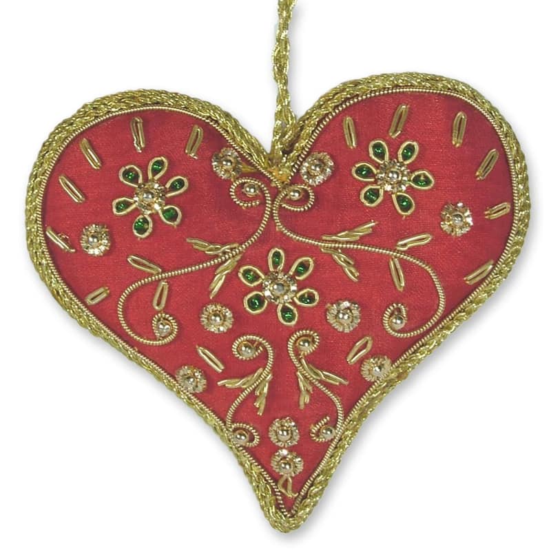 Set of 5 Handcrafted Polyester 'Burgundy Heart' Beaded Ornaments (India)