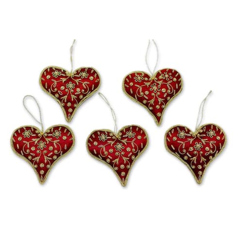 Set of 5 Handcrafted Polyester 'Burgundy Heart' Beaded Ornaments (India)