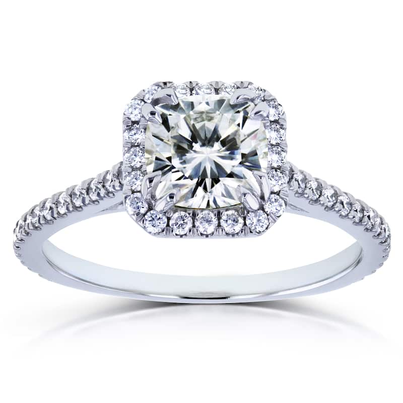 Annello by Kobelli 14k White Gold 1 2/5ct TGW Cushion Moissanite and Diamond Halo Engagement Ring