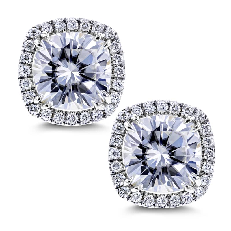 Kobelli 6 Carats Moissanite & Natural Diamond 14k White Gold Cushion Halo Kaori Stud Earrings