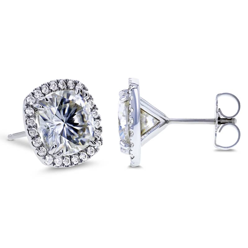 Kobelli 6 Carats Moissanite & Natural Diamond 14k White Gold Cushion Halo Kaori Stud Earrings