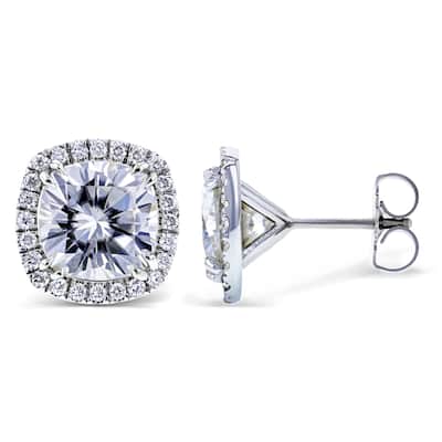 Kobelli 6 Carats Moissanite & Natural Diamond 14k White Gold Cushion Halo Kaori Stud Earrings
